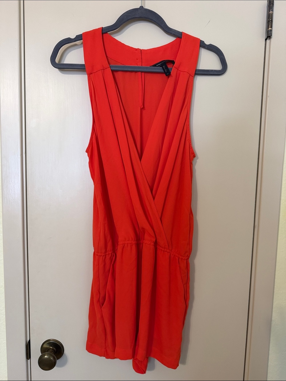 BCBGMaxAzria Red Sleeveless Faux-Wrap Romper